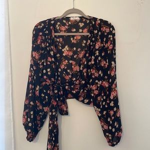 Black Floral tie front cropped blouse